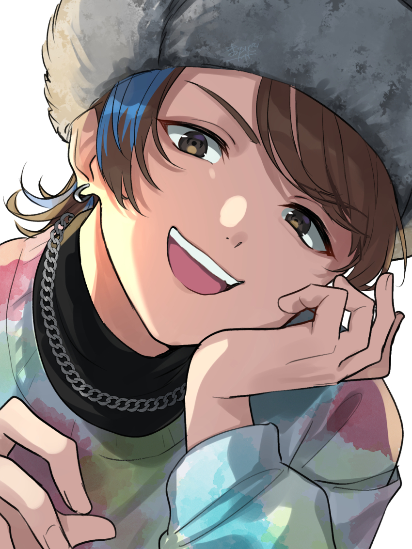 1boy, akune_rindo, blue_hair, brown_eyes, brown_hair, chain, chain_necklace, earrings, fur_hat, hand_on_own_cheek, hand_on_own_face, hat, highres, hypnosis_mic, hypnosis_mic:_rule_the_stage, jewelry, kishinaito, long_sleeves, looking_at_viewer, male_focus, multicolored_hair, necklace, open_mouth, short_hair, solo, tie-dye, upper_body, v-shaped_eyebrows