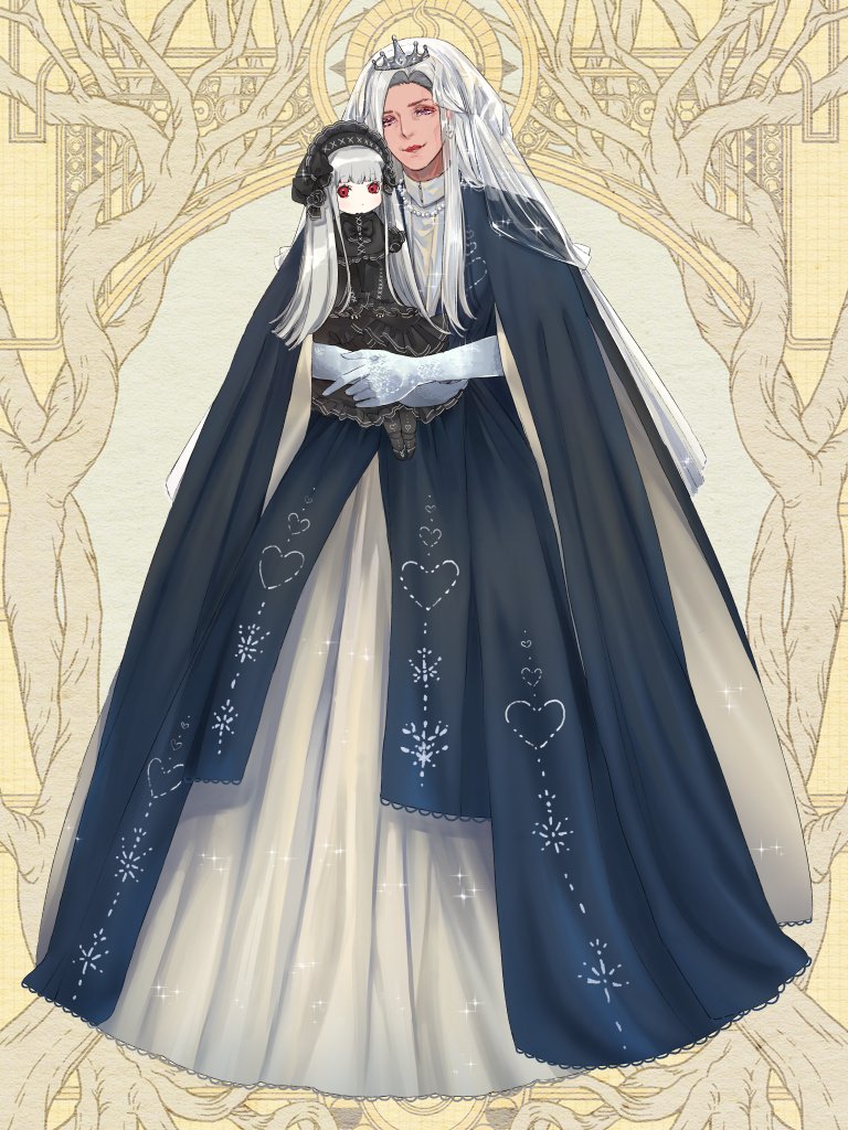 1boy, black_cape, blue_dress, cape, crossdressing, crossdressing_(mtf), curtained_hair, dairoku_ryouhei, dark-skinned_male, dark_skin, dress, earrings, eyeshadow, full_body, gloves, gown, gradient_clothes, harmonic_romantica, heart, heart_earrings, heart_print, hugging_doll, hugging_object, jewelry, lipstick, long_hair, makeup, male_focus, mature_male, necklace, parted_bangs, pearl_necklace, purple_eyes, red_eyeshadow, red_lips, romayasu, smile, solo, standing, tiara, two-tone_dress, veil, white_dress, white_gloves, white_veil, yellow_background