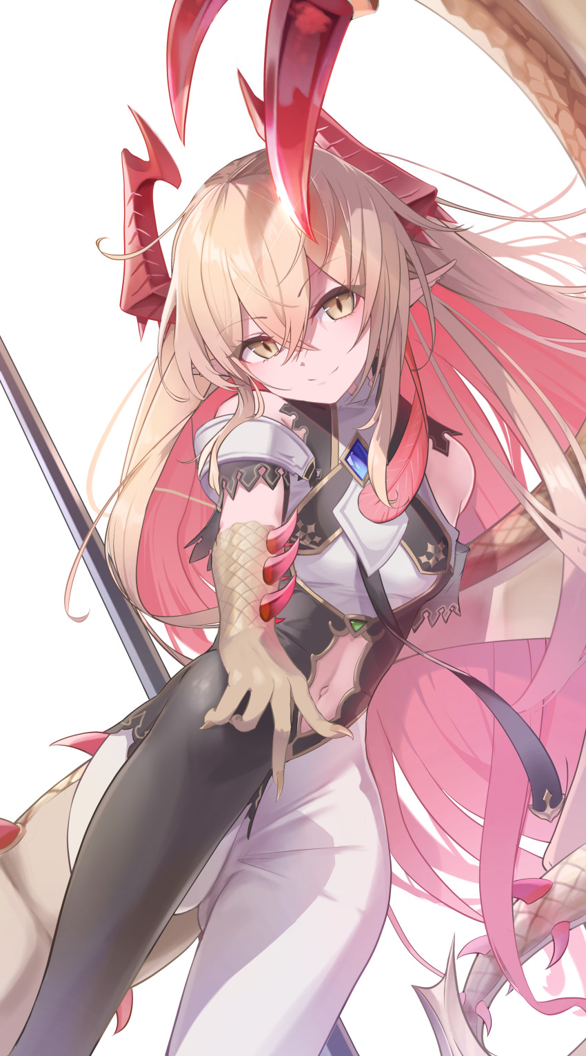 1girl, absurdres, bare_shoulders, blonde_hair, claws, colored_inner_hair, dragon_girl, dragon_horns