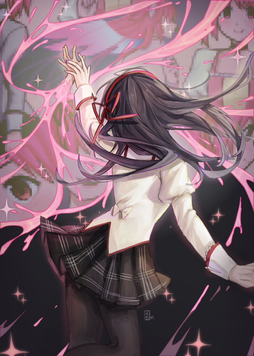 1girl, absurdres, akemi_homura, black_hair, black_pantyhose, bow, from_behind, full_of_energy, hair_ribbon, highres, juliet_sleeves, kaname_madoka, kaname_madoka_(magical_girl), long_sleeves, mahou_shoujo_madoka_magica, mahou_shoujo_madoka_magica_(anime), mitakihara_school_uniform, pantyhose, puffy_sleeves, purple_nails, reaching, red_ribbon, ribbon, school_uniform, ultimate_madoka