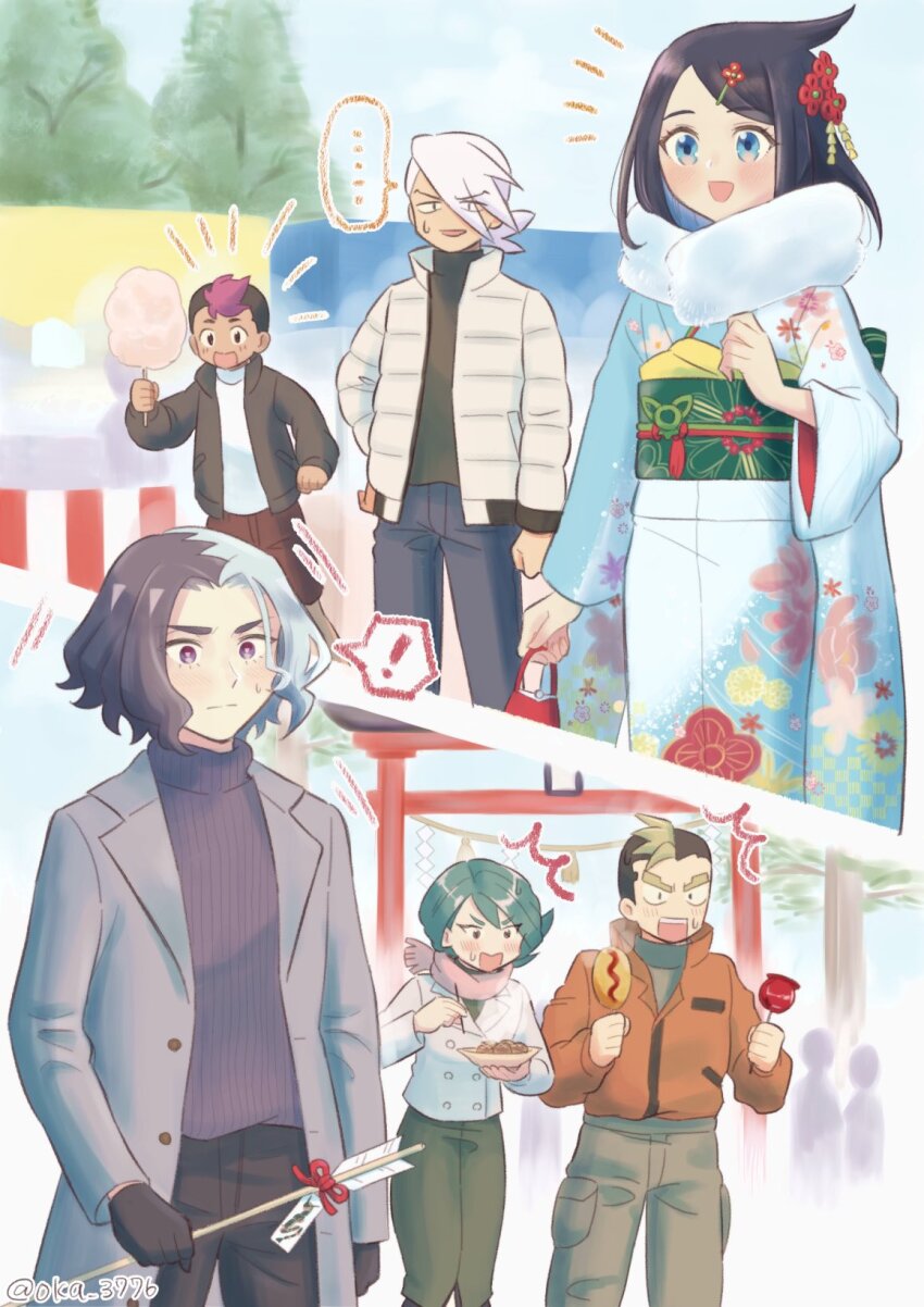 !, ..., 2girls, 4boys, :d, alternate_costume, amethio_(pokemon), aqua_eyes