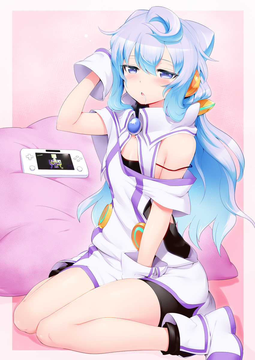 1boy, bike_shorts, black_shirt, black_shorts, black_socks, blue_eyes, blue_hair, blush