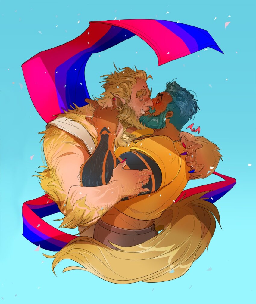 2boys, arm_tattoo, bara, beard, bisexual_flag, bisexual_male, blonde_hair, blue_hair
