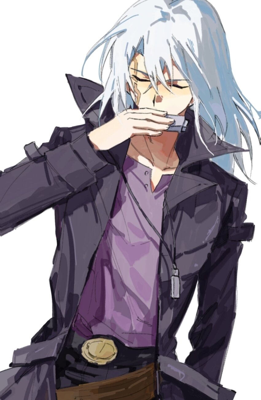 1boy, belt, belt_buckle, black_belt, black_coat, buckle, closed_eyes, coat