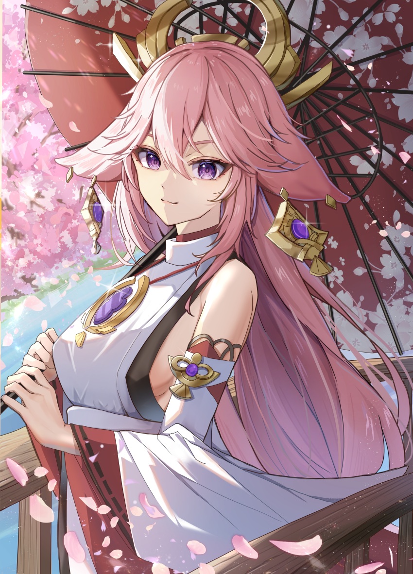 1girl, absurdres, animal_ears, breasts, bridge, cherry_blossoms, detached_sleeves, dress, earrings, falling_petals, fox_ears, fox_girl, genshin_impact, glint, halterneck, headpiece, highres, holding, holding_umbrella, japanese_clothes, jewelry, kanan_ria, long_hair, long_sleeves, looking_at_viewer, medium_breasts, oil-paper_umbrella, outdoors, petals, pink_hair, purple_eyes, sideboob, sleeveless, sleeveless_dress, smile, solo, umbrella, very_long_hair, wide_sleeves, yae_miko