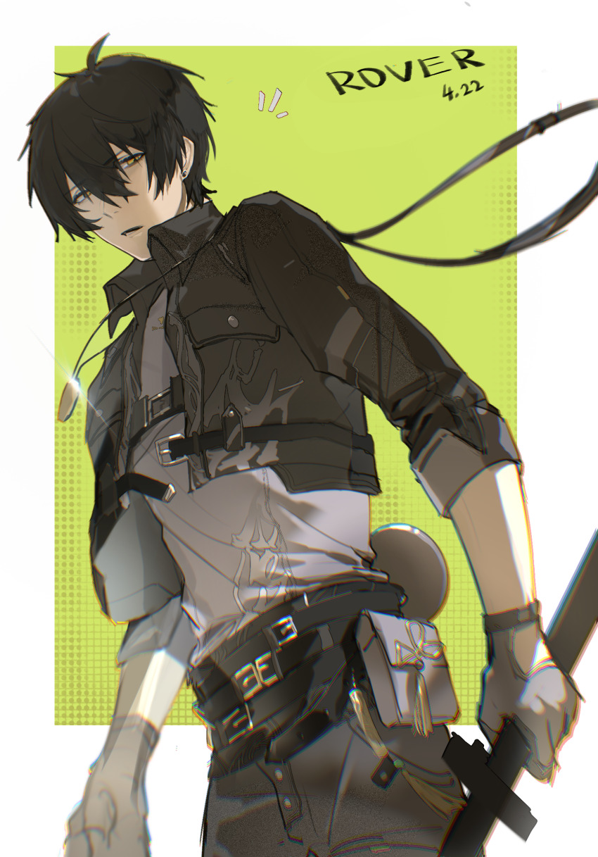 1boy, belt, belt_pouch, black_belt, black_hair, black_jacket, border, breast_pocket