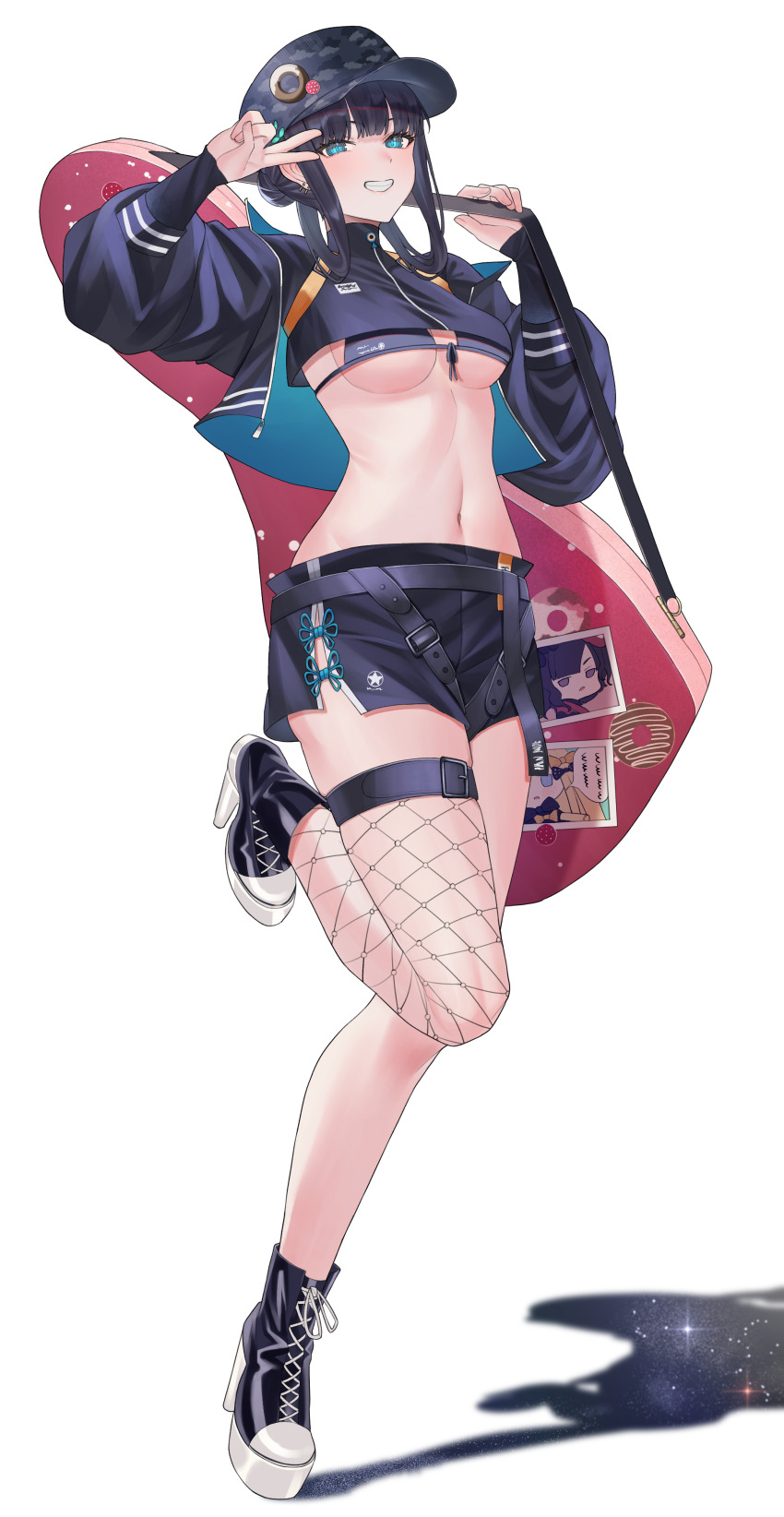 1girl, abigail_williams_(fate), absurdres, badge, baseball_cap, bikini, bikini_under_clothes, black_bikini, black_jacket, black_shirt, black_shorts, blue_eyes, blush, breasts, button_badge, camouflage, camouflage_headwear, cropped_jacket, cropped_shirt, fate/grand_order, fate_(series), fishnet_thighhighs, fishnets, full_body, grey_hat, grin, hair_ornament, hat, high_heels, highres, instrument_case, jacket, katsushika_hokusai_(fate), large_breasts, leaf_hair_ornament, light_(nightty45), long_hair, long_sleeves, looking_at_viewer, navel, photo_(object), purple_hair, shirt, short_shorts, shorts, sidelocks, single_thighhigh, smile, solo, swimsuit, thighhighs, underboob, v, yang_guifei_(event_portrait)_(fate), yang_guifei_(fate)