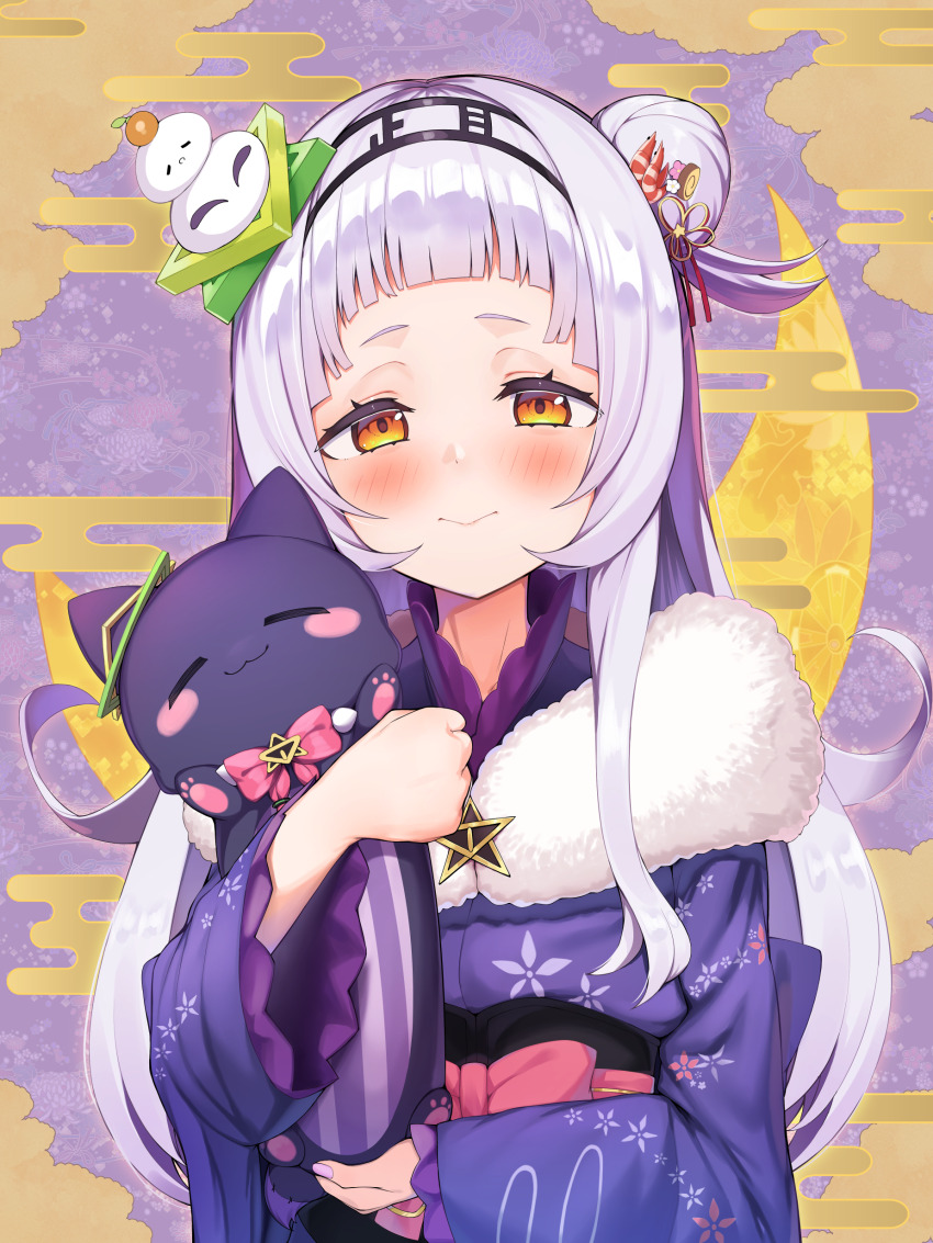 1girl, absurdres, ajishio_(loli_king), arched_bangs, blush, closed_mouth, commentary_request, egasumi, flower, food-themed_hair_ornament, frilled_sleeves, frills, fur_scarf, hair_bun, hair_flower, hair_ornament, hexagram_hair_ornament, highres, holding, hololive, japanese_clothes, kagami_mochi, kimono, long_hair, long_sleeves, mochi_hair_ornament, murasaki_shion, murasaki_shion_(new_year), obi, official_alternate_costume, orange_eyes, print_kimono, purple_kimono, sash, shiokko_(murasaki_shion), shrimp_hair_ornament, sidelocks, single_side_bun, solo, upper_body, virtual_youtuber, wide_sleeves
