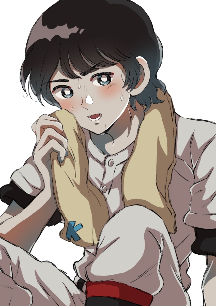 1boy, brown_hair, character_request, check_character, check_copyright, commentary_request, copyright_request, highres, looking_at_viewer, natsuta_hiro, shirt, short_hair, simple_background, sitting, solo, sportswear, sweat, touch_(manga), towel, towel_around_neck, uesugi_kazuya, white_background, white_shirt, wiping_sweat