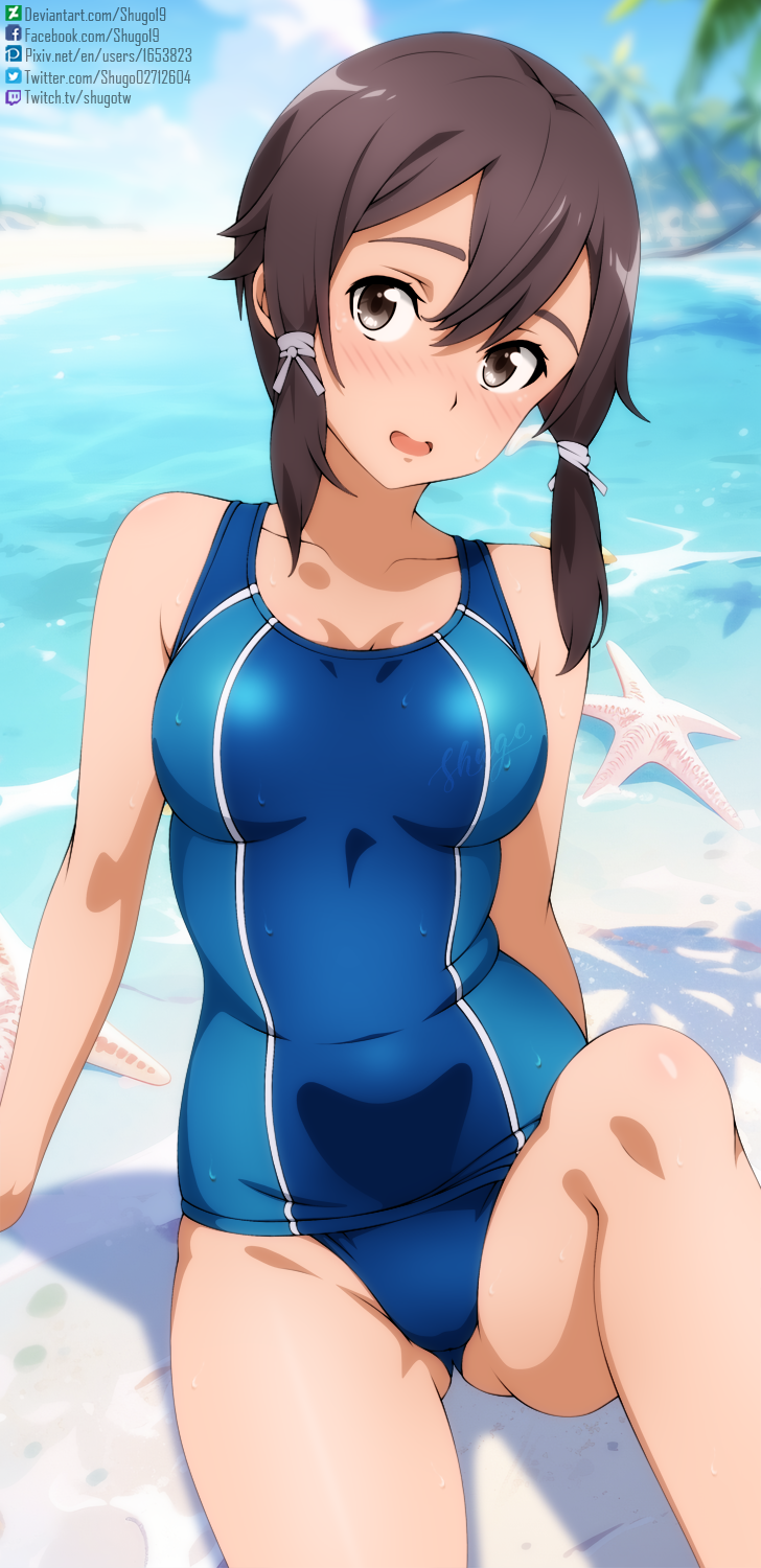 1girl, :d, arm_support, asada_shino, bare_shoulders, beach, blue_one-piece_swimsuit, blue_sky