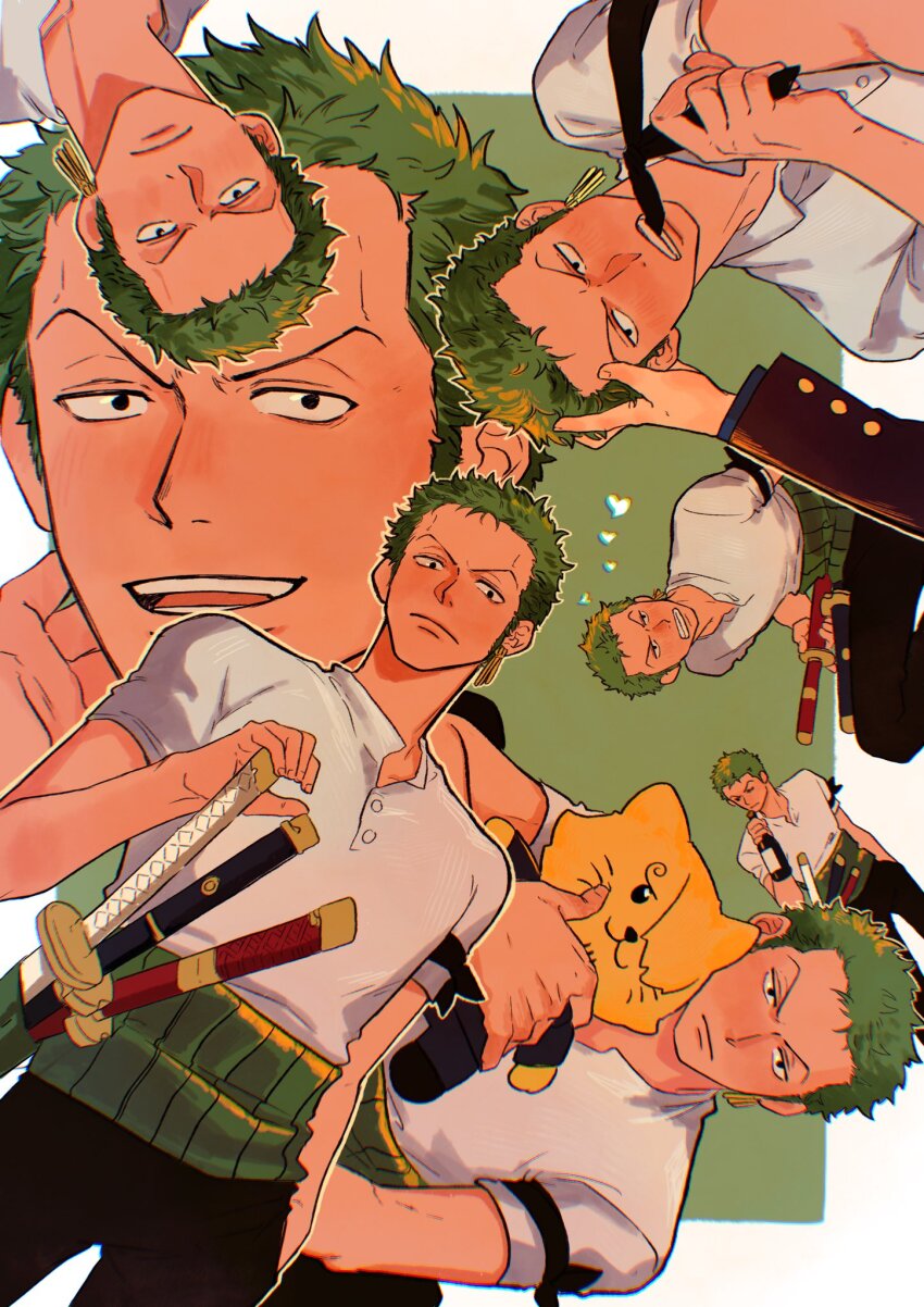 armband, black_armband, black_pants, black_sleeves, blue_shirt, blush, border, buttons