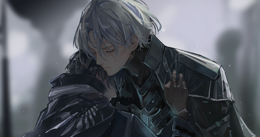 2boys, beard_stubble, black_bodysuit, black_cape, black_gloves, black_hair, blurry, blurry_background