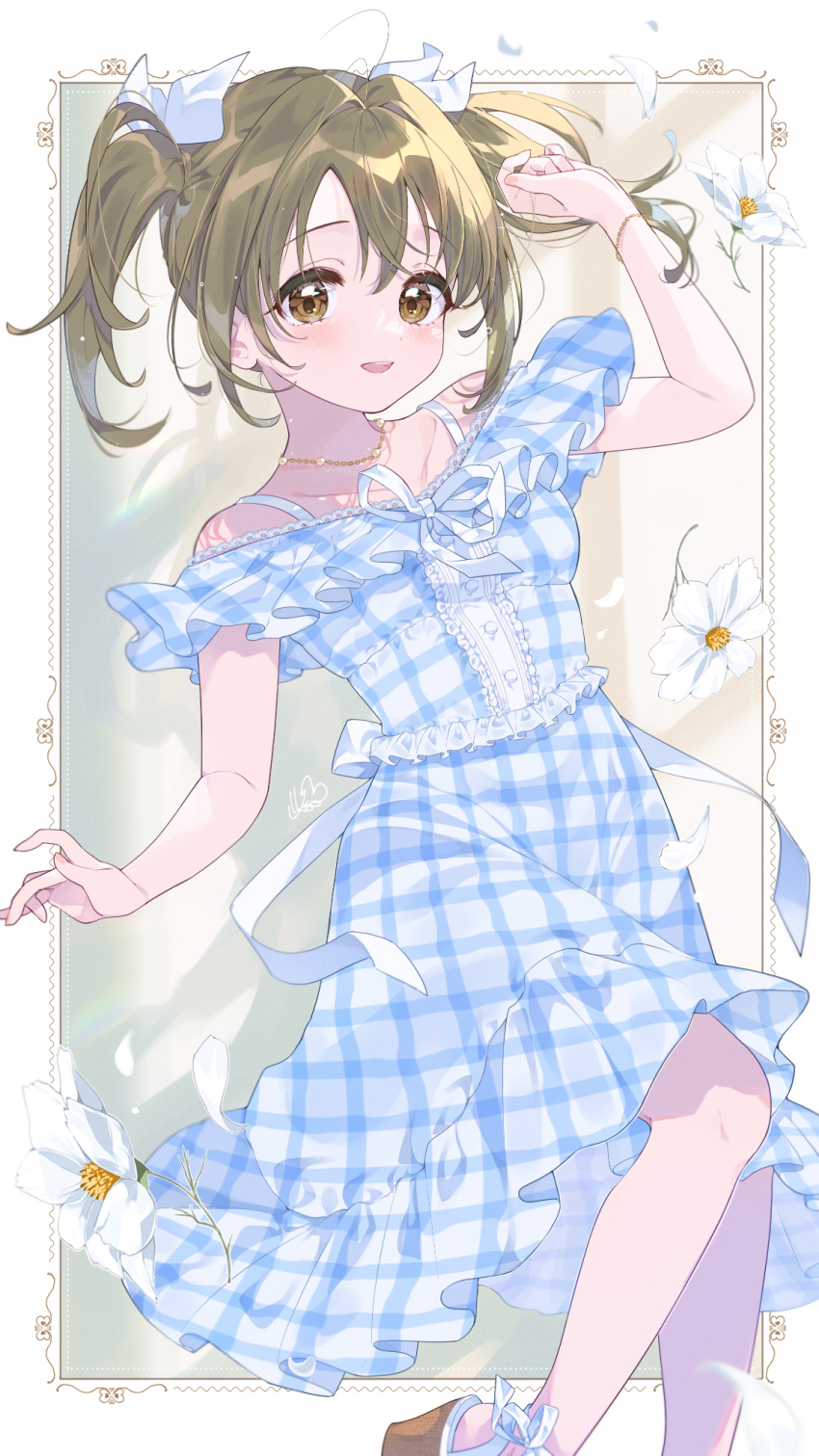 1girl, blue_dress, blush, brown_hair, center_frills, collarbone, dress, falling_petals