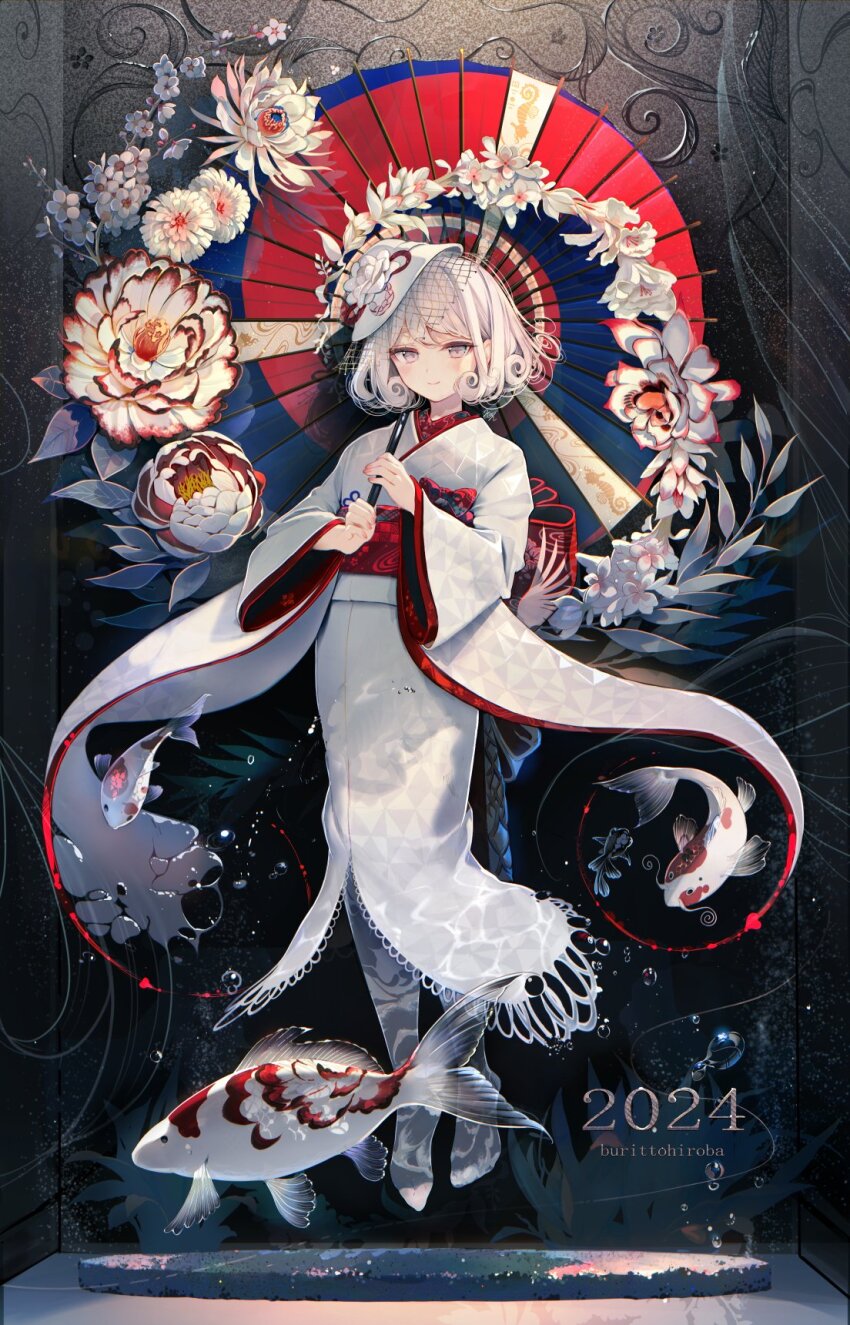 1girl, 2024, air_bubble, animal, artist_name, blue_umbrella, bubble, carp