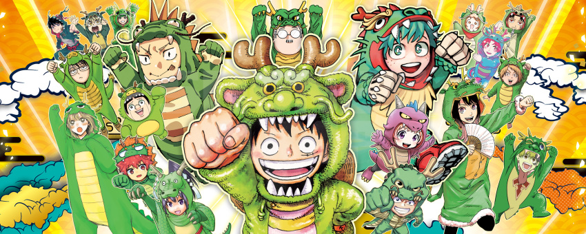2024, 3girls, 6+boys, :d, akane-banashi, alternate_costume, andy_(undead_unluck), angou_gakuen_no_iroha, animal_costume, ao_no_hako, artist_request, asumi_kakeru, asumi_nito, black_hair, boku_no_hero_academia, boku_to_roboco, brown_hair, chinese_zodiac, clenched_hand, company_connection, corleo_(mamayuyu), crossover, dragon_costume, eyelashes, gradient_background, green_eyes, green_green_greens, green_hair, hand_fan, happy, highres, holding, holding_fan, houjou_tokiyuki_(nige_jouzu_no_wakagimi), irohazaka_iroha, itadori_yuji, jujutsu_kaisen, kagurabachi, kano_chinatsu, kill_blue, looking_at_viewer, mamayuyu, midoriya_izuku, monkey_d._luffy, multiple_boys, multiple_girls, new_year, nige_jouzu_no_wakagimi, nue_no_onmyouji, official_art, one_piece, oogami_juzo, open_mouth, osaki_akane_(akane-banashi), purple_eyes, roboco_(boku_to_roboco), rokuhira_chihiro, ruirui_senki, sakamoto_days, sakamoto_taro, scar, scar_on_face, short_hair, smile, standing, trait_connection, two_on_ice, undead_unluck, wakatsuki_niko, shounen_jump, witch_watch, yaesaki_haku, yajima_gakuro, year_of_the_dragon, yozakura-san_chi_no_daisakusen