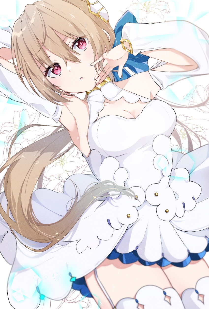 1girl, blonde_hair, blush, breasts, cleavage, detached_sleeves, dress, flower