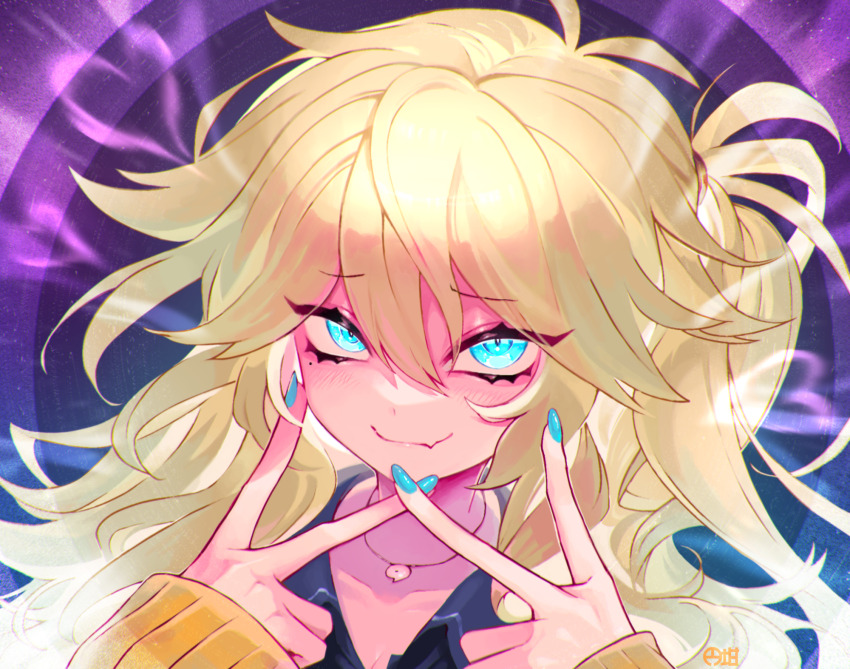 1girl, abstract_background, antenna_hair, black_shirt, blonde_hair, blue_eyes, blue_nails, blush