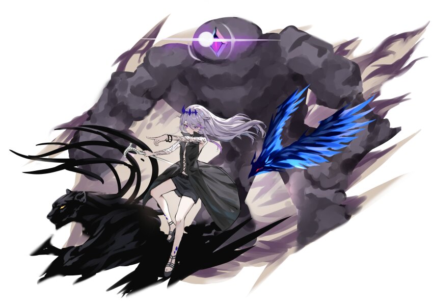 1girl, absurdres, alternate_costume, belt, bird, black_belt, black_dress, black_footwear