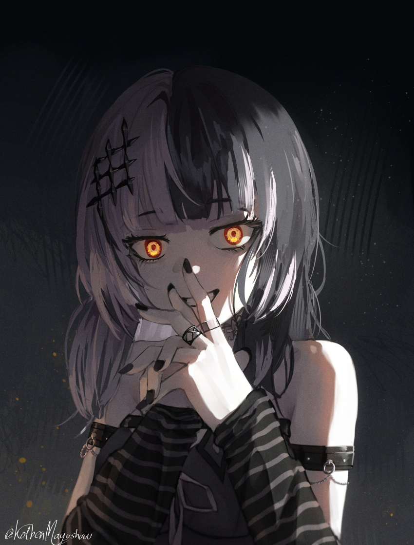 1girl, absurdres, arm_warmers, black_background, black_dress, black_hair, black_nails, commentary