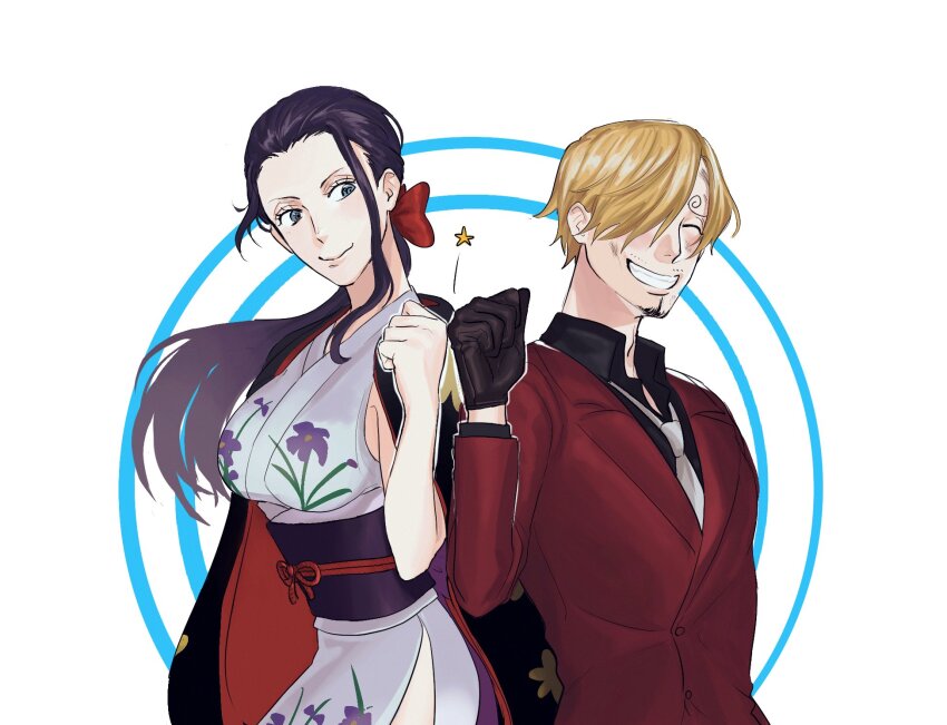 1boy, 1girl, ^_^, black_gloves, black_hair, black_shirt, blonde_hair, blue_eyes