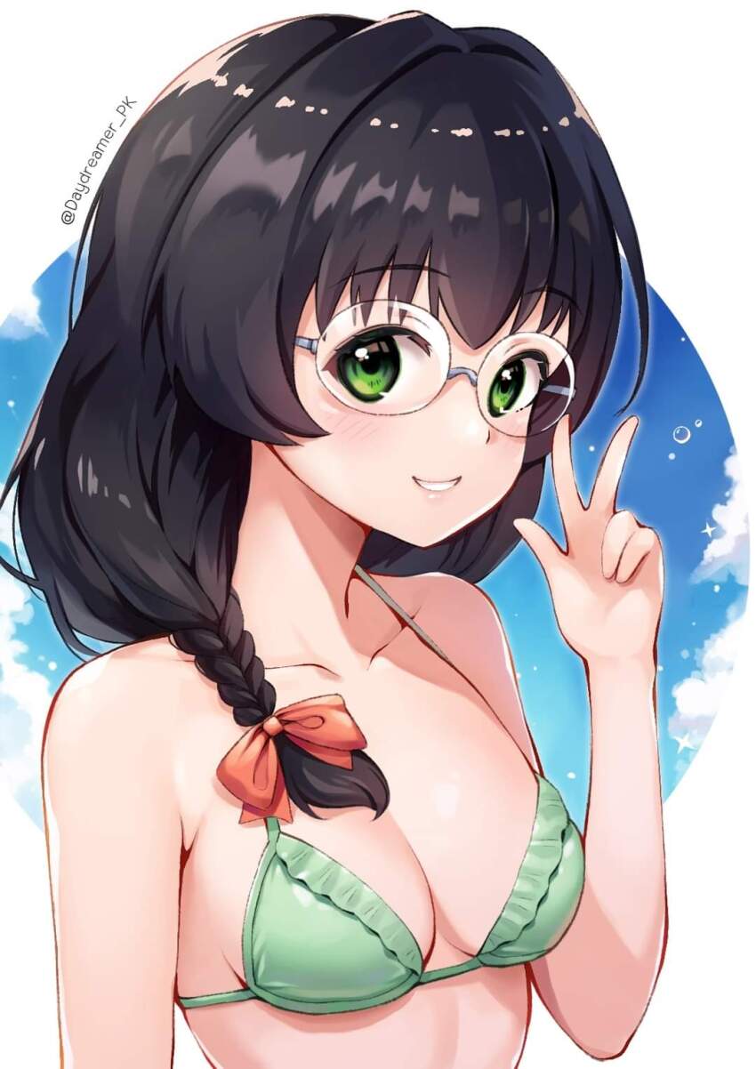 1girl, bikini, black_hair, braid, breasts, daydreamer_pk, glasses, green_bikini
