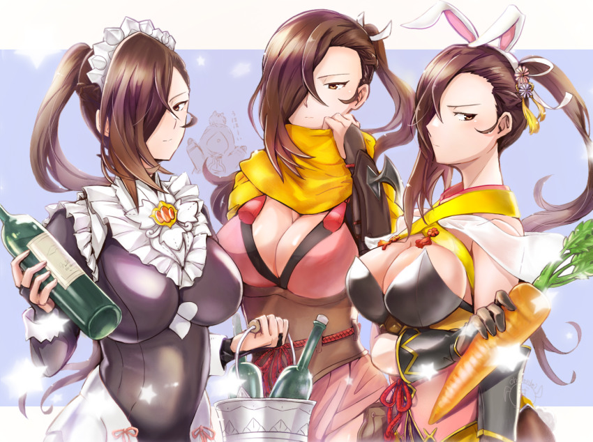 1girl, 3girls, alcohol, animal_ears, bare_shoulders, black_dress, bottle, breasts, bridal_gauntlets, brown_eyes, brown_hair, bucket, carrot, cleavage, dress, fake_animal_ears, fire_emblem, fire_emblem_fates, fire_emblem_heroes, flower, food, frills, glass_bottle, gloves, hair_flower, hair_ornament, hair_over_one_eye, holding, holding_food, holding_vegetable, ice_bucket, kagero_(fire_emblem), kagero_(halloween)_(fire_emblem), kagero_(spring_ninja)_(fire_emblem), large_breasts, long_hair, long_sleeves, looking_at_viewer, maid, maid_headdress, multiple_girls, ninja, nintendo, official_alternate_costume, oh01861884, pantyhose, playboy_bunny, ponytail, rabbit_ears, scarf, sideboob, simple_background, vegetable, wine, wine_bottle, yellow_scarf