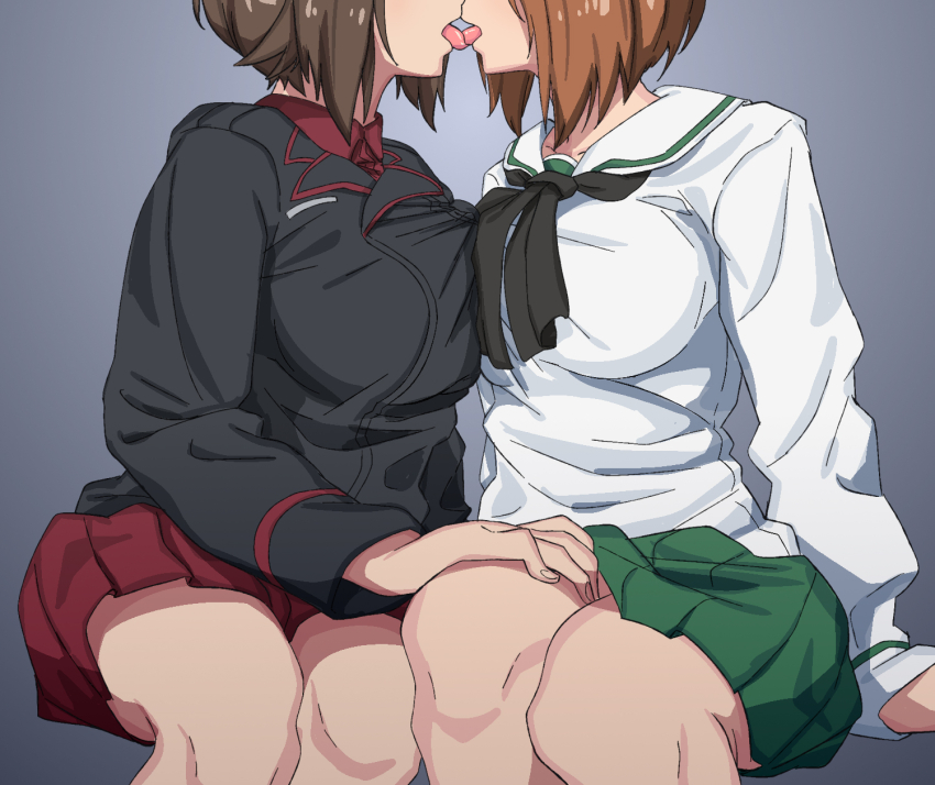 2girls, blue_background, breasts, brown_hair, french_kiss, girls_und_panzer, highres, huaronanago