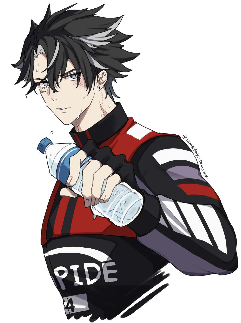 1boy, black_hair, bottle, commentary, genshin_impact, hair_between_eyes, highres, holding