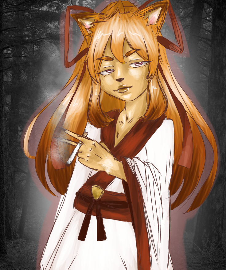 1girl, animal_ears, artist_request, ceroba, cigarette, eyebrows, fangs, forest