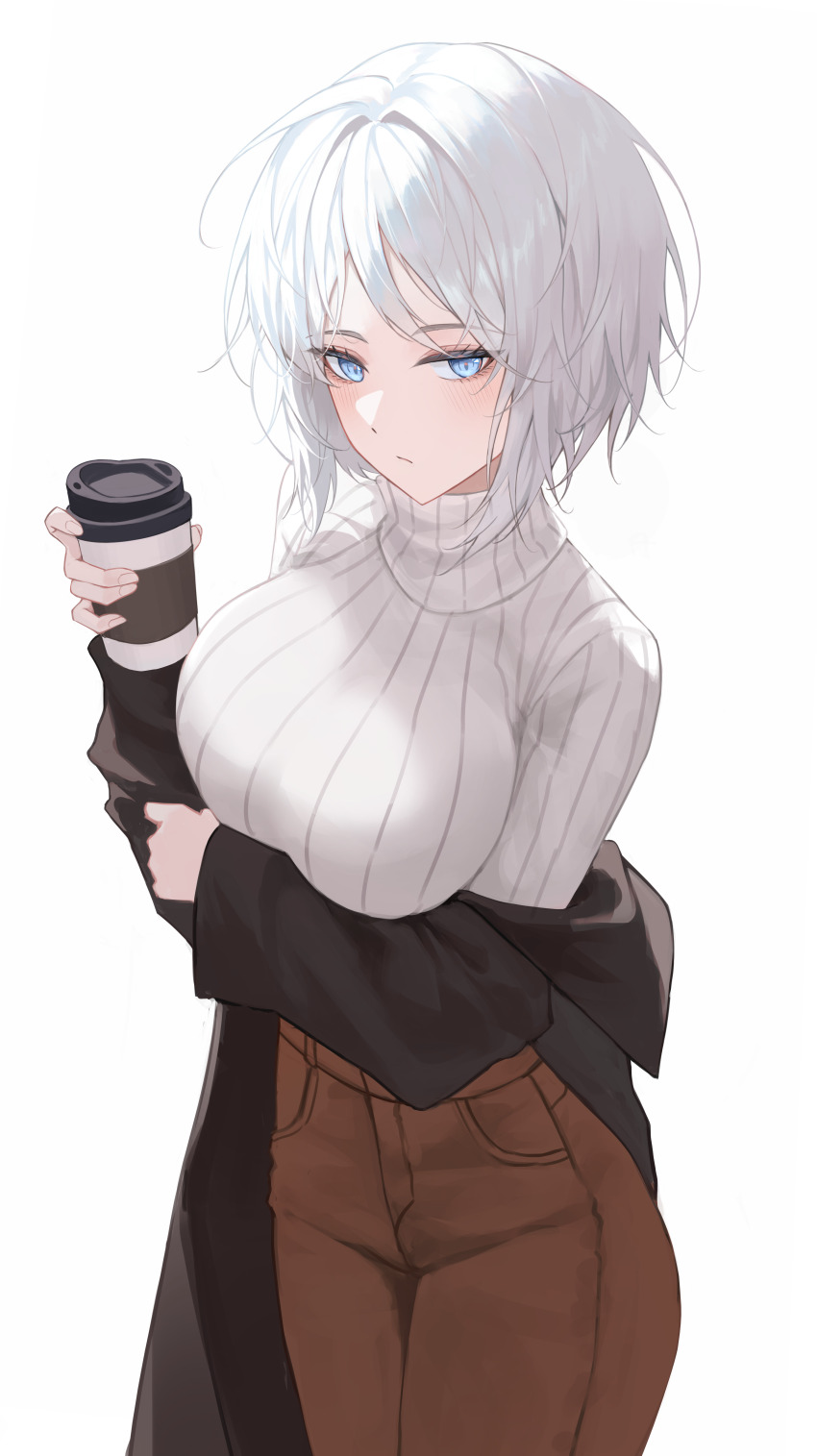 1girl, absurdres, arm_under_breasts, black_jacket, blue_eyes, breasts, brown_pants, closed_mouth, commentary, cowboy_shot, cup, disposable_coffee_cup, disposable_cup, eonyan_(chaeyang), faust_(project_moon), highres, holding, holding_cup, jacket, large_breasts, light_blush, limbus_company, long_sleeves, looking_at_viewer, off_shoulder, pants, project_moon, ribbed_sweater, short_hair, simple_background, solo, standing, sweater, turtleneck, turtleneck_sweater, white_background, white_hair, white_sweater, zwei_association_south_uniform