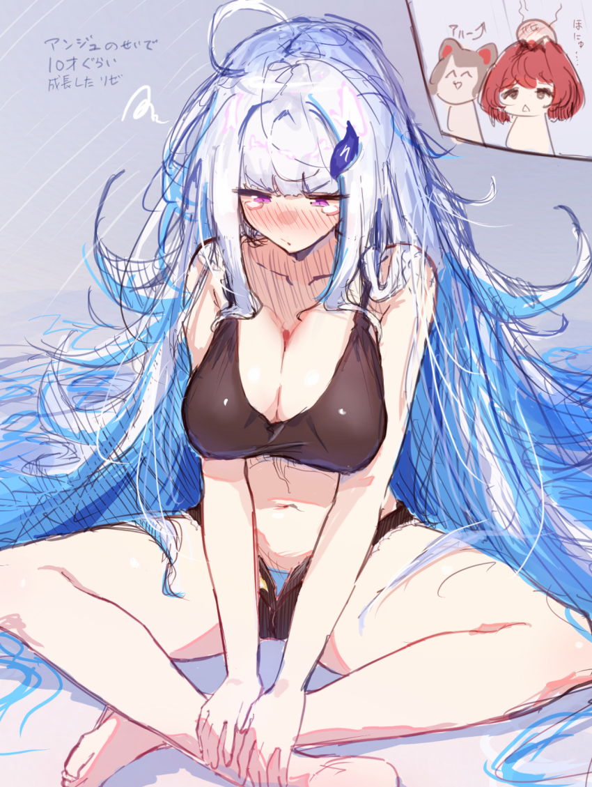 ahoge, ange_katrina, black_bra, blue_hair, blush, bra, breasts, cleavage