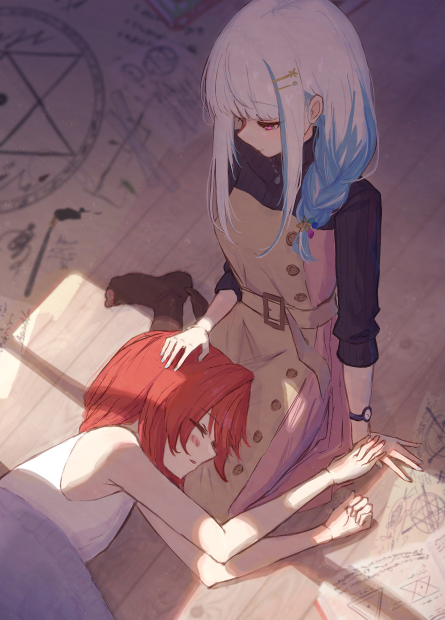 2girls, ange_katrina, blue_hair, blush, braid, brown_dress, dress, from_above