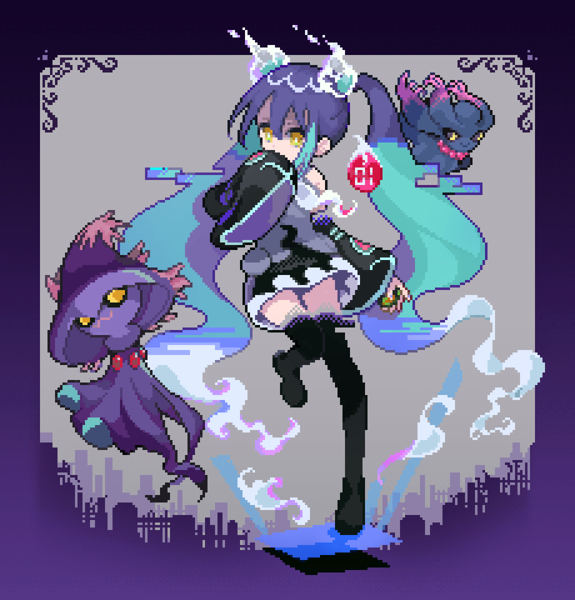 1girl, aqua_hair, black_thighhighs, commentary, detached_sleeves, dusk_ball, evolutionary_line, floating