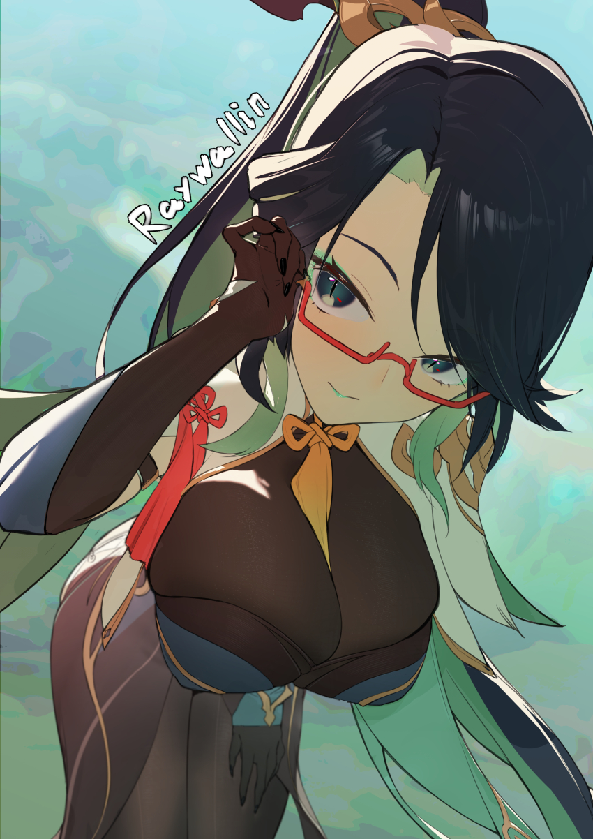 1girl, absurdres, aqua_eyes, aqua_lips, artist_name, black_hair, bodystocking, breast_focus