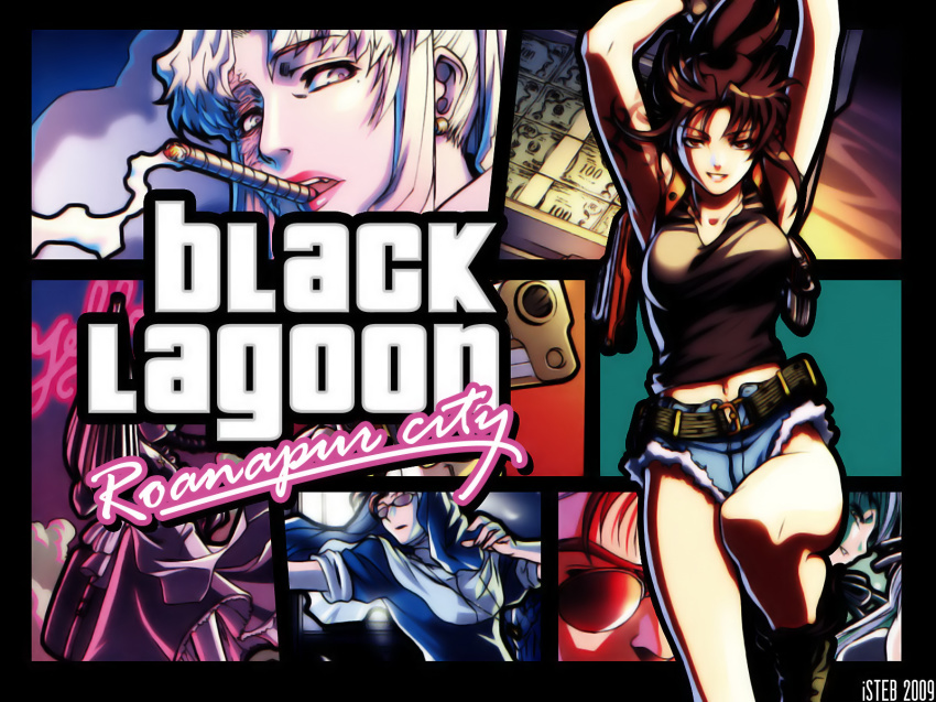 2009, 2boys, 4girls, balalaika_(black_lagoon), black_lagoon, breasts, cigar, cover