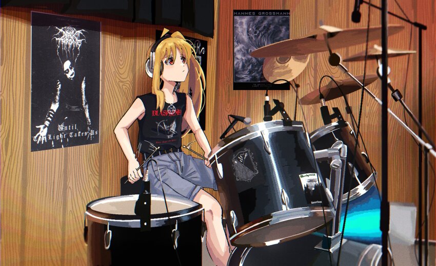 1girl, band_shirt, black_metal, black_tank_top, blasphemy_(band), blonde_hair, bocchi_the_rock!, curtains