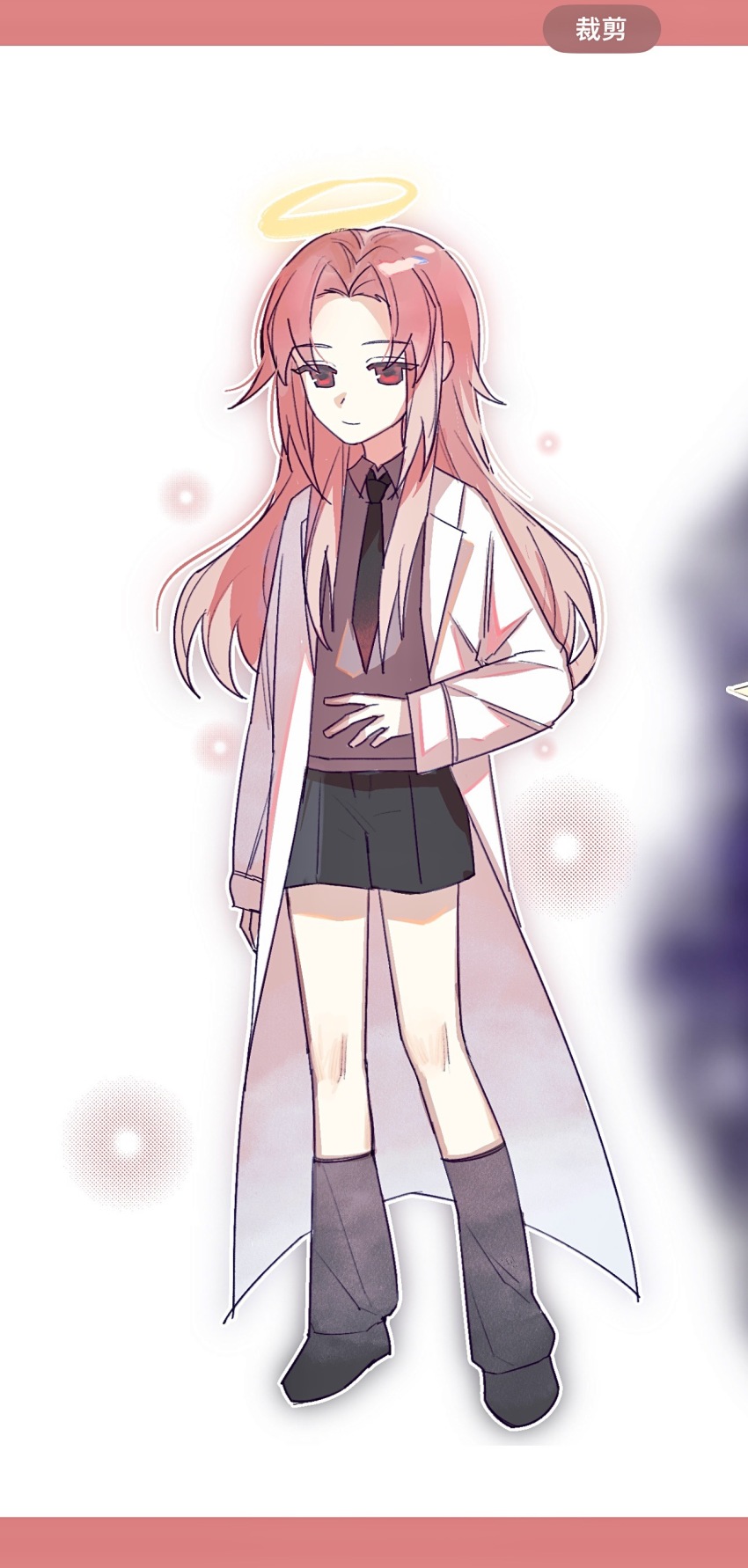 1boy, absurdres, alternate_costume, black_shoes, black_shorts, black_socks, chinese_commentary, closed_mouth, collared_shirt, commentary_request, full_body, grey_shirt, halo, hand_up, hatsutori_hajime, highres, lab_coat, long_hair, long_sleeves, male_focus, parted_bangs, pink_hair, red_eyes, saibou_shinkyoku, shirt, shoes, shorts, smile, socks, solo, suqianqian951