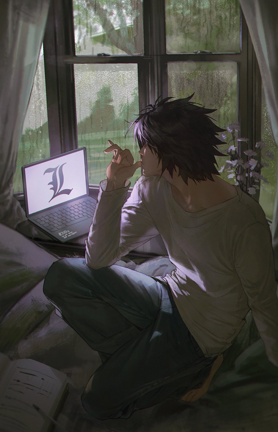 1boy, book, computer, curtains, death_note, denim, flower, grey_sky, highres, jeans, jnkku, l_(death_note), laptop, long_sleeves, male_focus, on_bed, pants, pen, rain, shirt, short_hair, sky, solo, thumb_to_mouth, water_drop, white_shirt, window