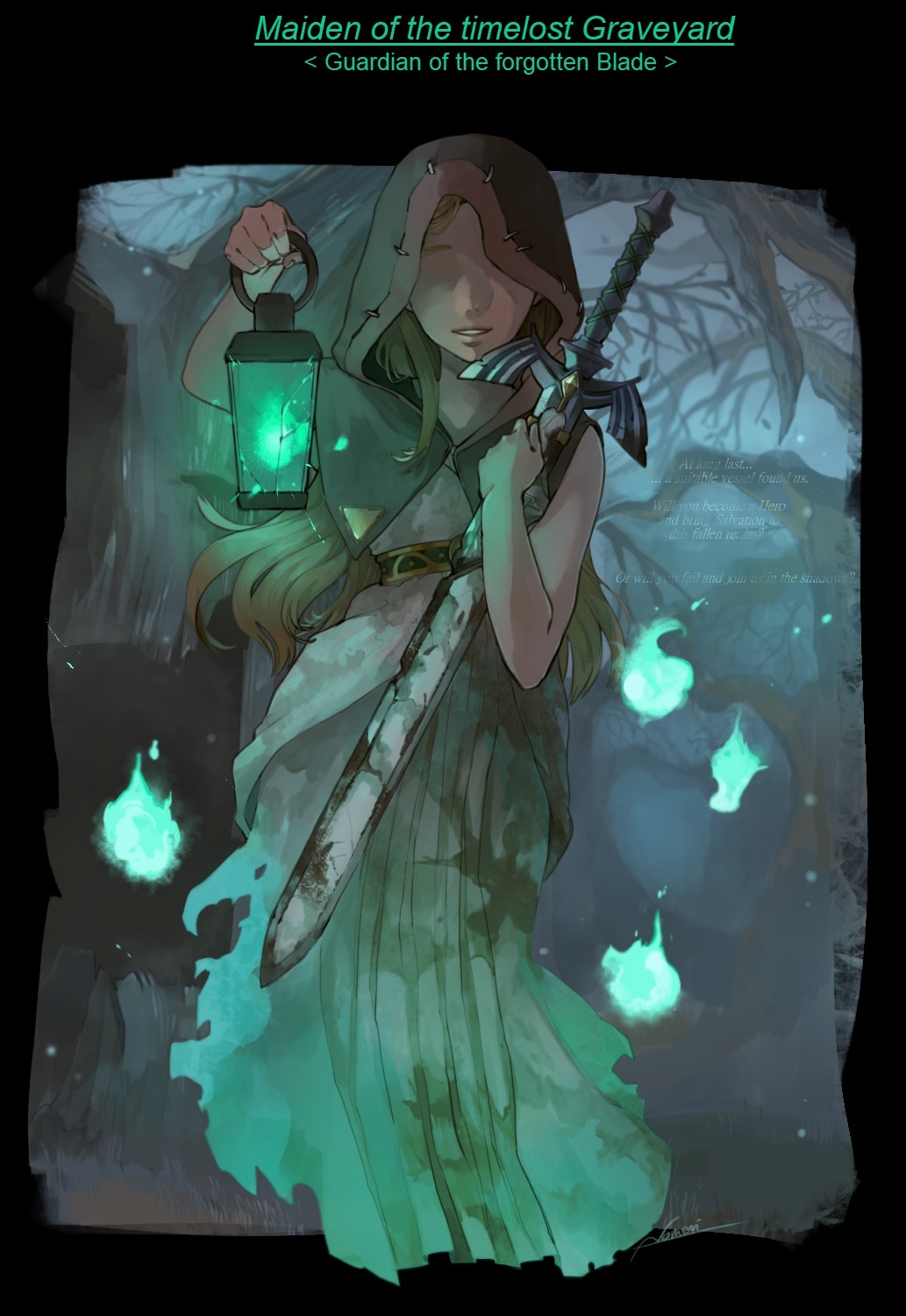 1girl, black_hood, blonde_hair, dirty, dress, fire, full_body, ghost