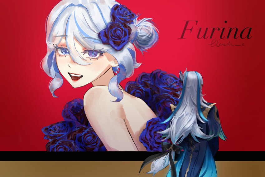 1boy, 1girl, alternate_costume, billboard, blue_coat, blue_eyes, blue_flower, blue_hair