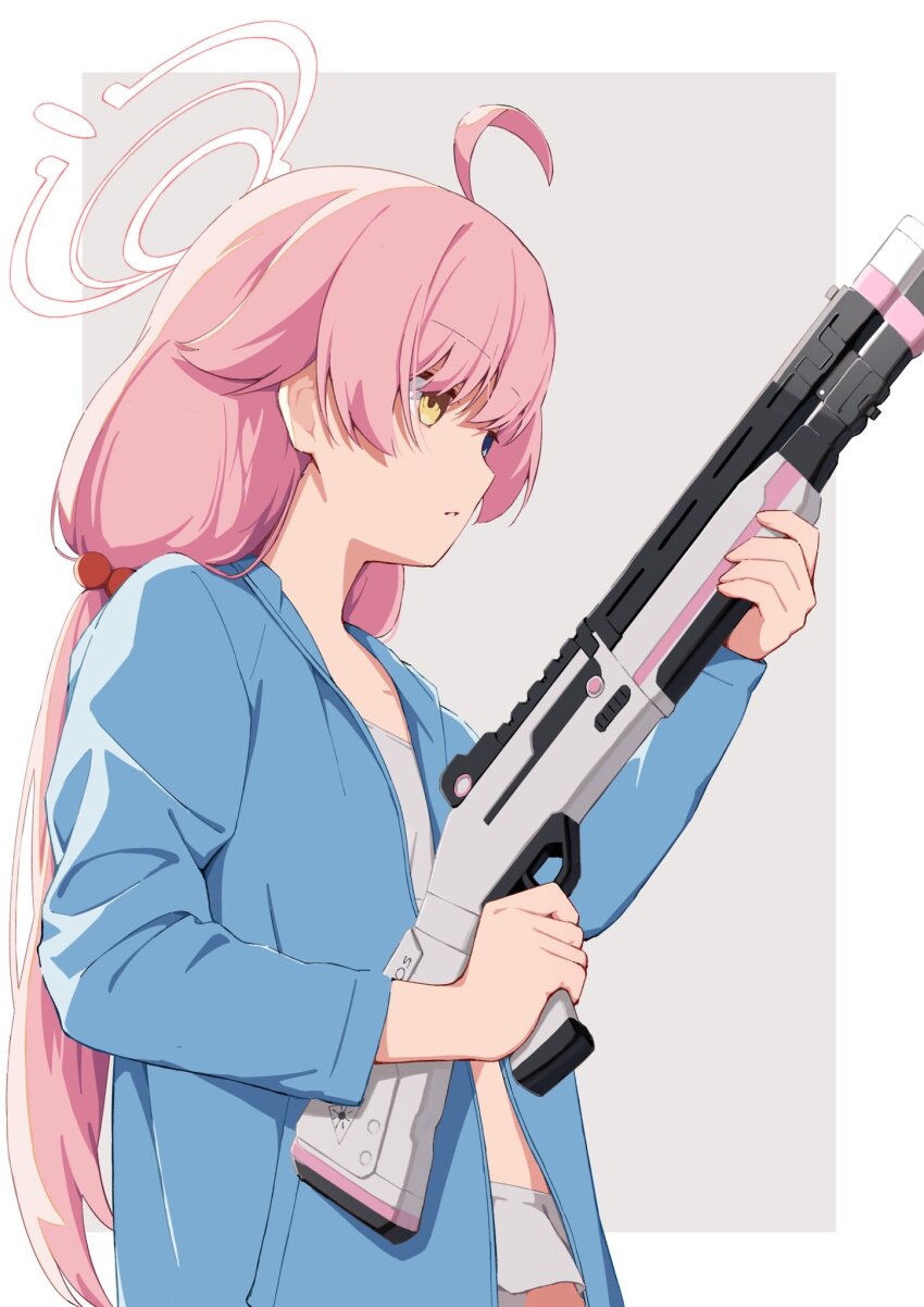 1girl, ahoge, beretta_1301, bikini, bikini_skirt, blue_archive, blue_jacket, commentary_request