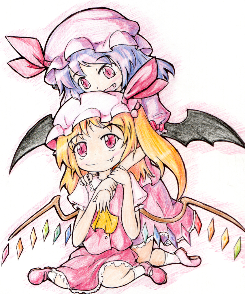 2girls, ascot, bat_wings, black_wings, blonde_hair, bow, buttons, closed_mouth