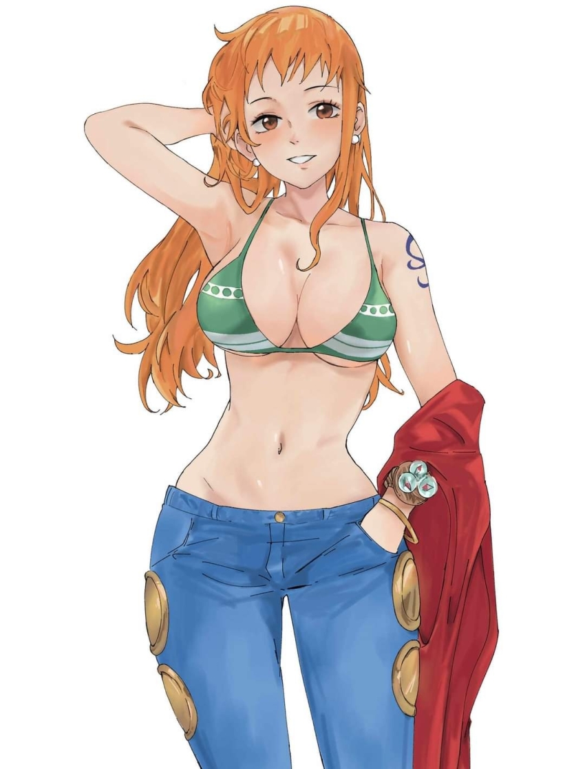 1girl, arm_behind_head, bangle, bikini, bikini_top_only, bmyoshikun123, bracelet, breasts, brown_eyes, cleavage, collarbone, cowboy_shot, denim, earrings, green_bikini, hand_in_pocket, highres, holding, holding_unworn_clothes, jeans, jewelry, large_breasts, log_pose, long_hair, looking_at_viewer, nami_(one_piece), nami_(one_piece)_(return_to_sabaody), navel, official_alternate_costume, one_piece, orange_hair, pants, parted_lips, pearl_earrings, shoulder_tattoo, simple_background, solo, striped_bikini, striped_clothes, swimsuit, tattoo, underboob, white_background