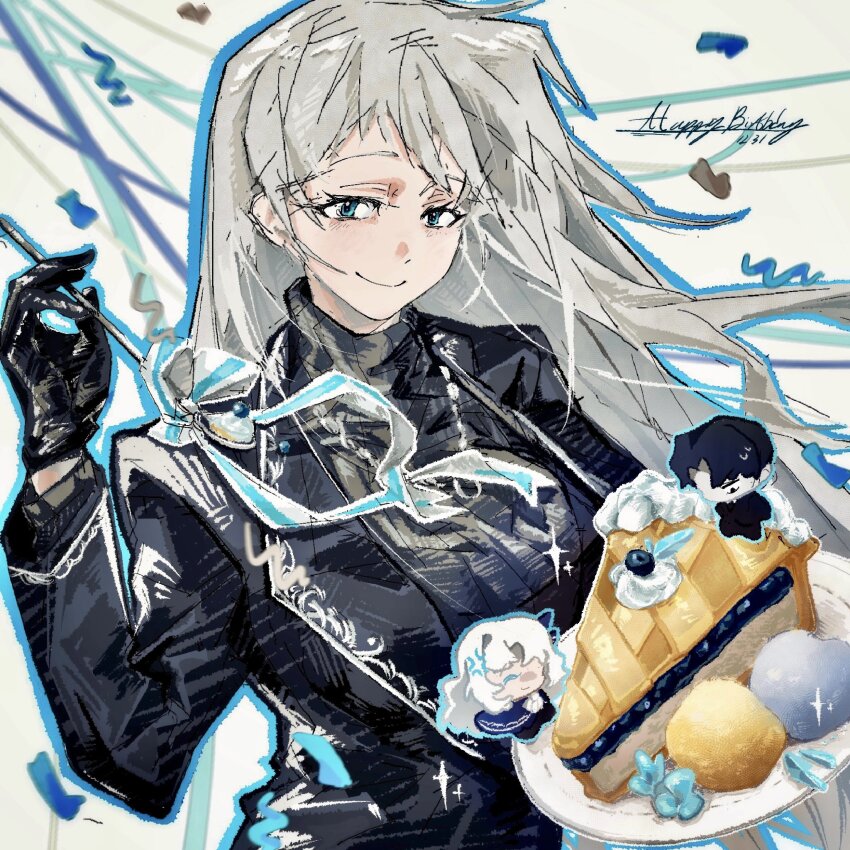 1girl, 2boys, angelica_(project_moon), argalia_(project_moon), black_gloves, black_sweater, cake, closed_mouth