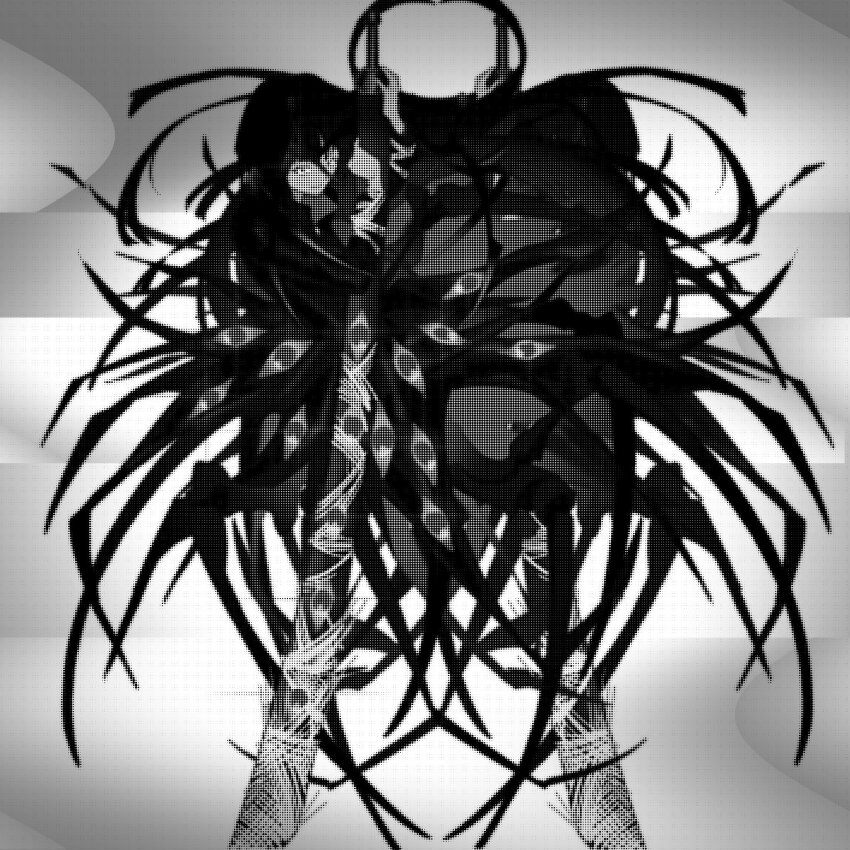 1girl, arachne, arthropod_girl, closed_mouth, coat, e.g.o_(project_moon), greyscale, highres, holding, holding_sword, holding_weapon, hua_er, insect_girl, limbus_company, long_hair, long_sleeves, looking_at_viewer, monochrome, monster_girl, ootachi, project_moon, red_eyes_(e.g.o), ryoshu_(project_moon), silk, solo, spider_bud, spider_girl, spider_web, sword, taur, very_long_hair, weapon