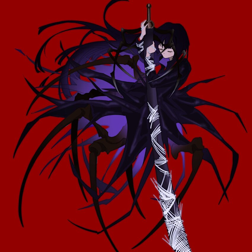 1girl, arachne, arthropod_girl, closed_eyes, closed_mouth, coat, e.g.o_(project_moon), highres, holding, holding_sword, holding_weapon, hua_er, insect_girl, limbus_company, long_hair, long_sleeves, monster_girl, ootachi, project_moon, purple_coat, purple_hair, red_background, red_eyes_(e.g.o), ryoshu_(project_moon), silk, simple_background, solo, spider_girl, spider_web, sword, taur, very_long_hair, weapon