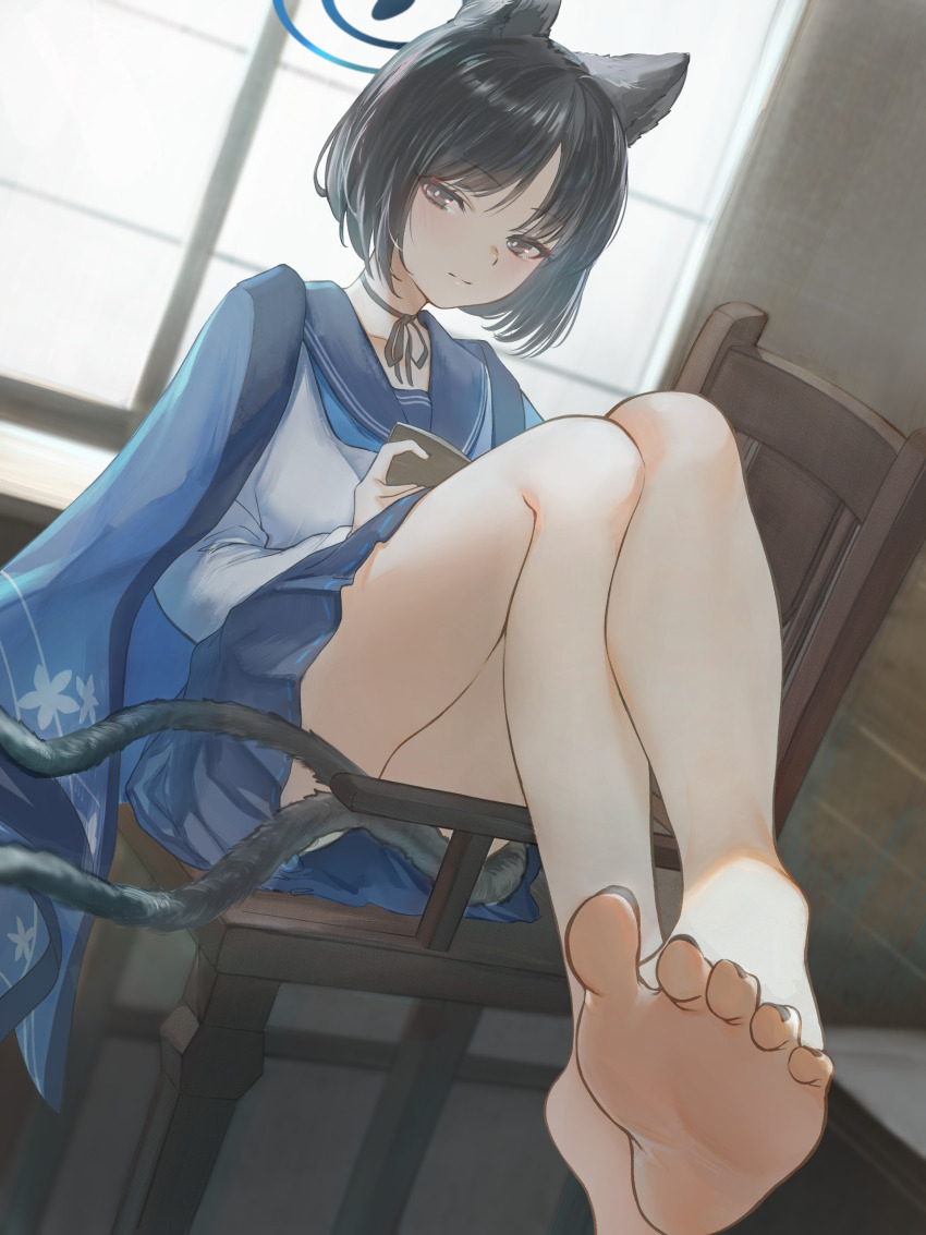 1girl, absurdres, animal_ears, bare_legs, barefoot, black_hair, black_nails, blue_archive