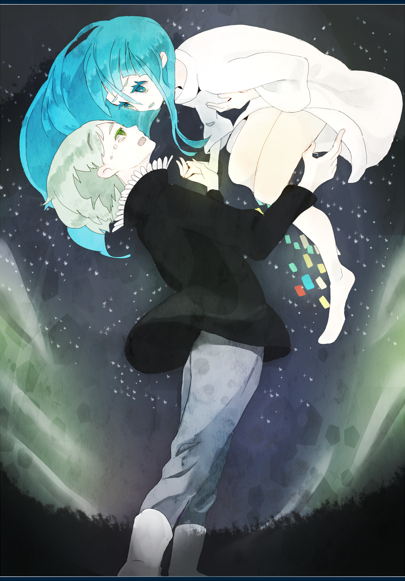 1boy, 1girl, aurora, black_sweater, blue_eyes, blue_hair, commentary_request, crying