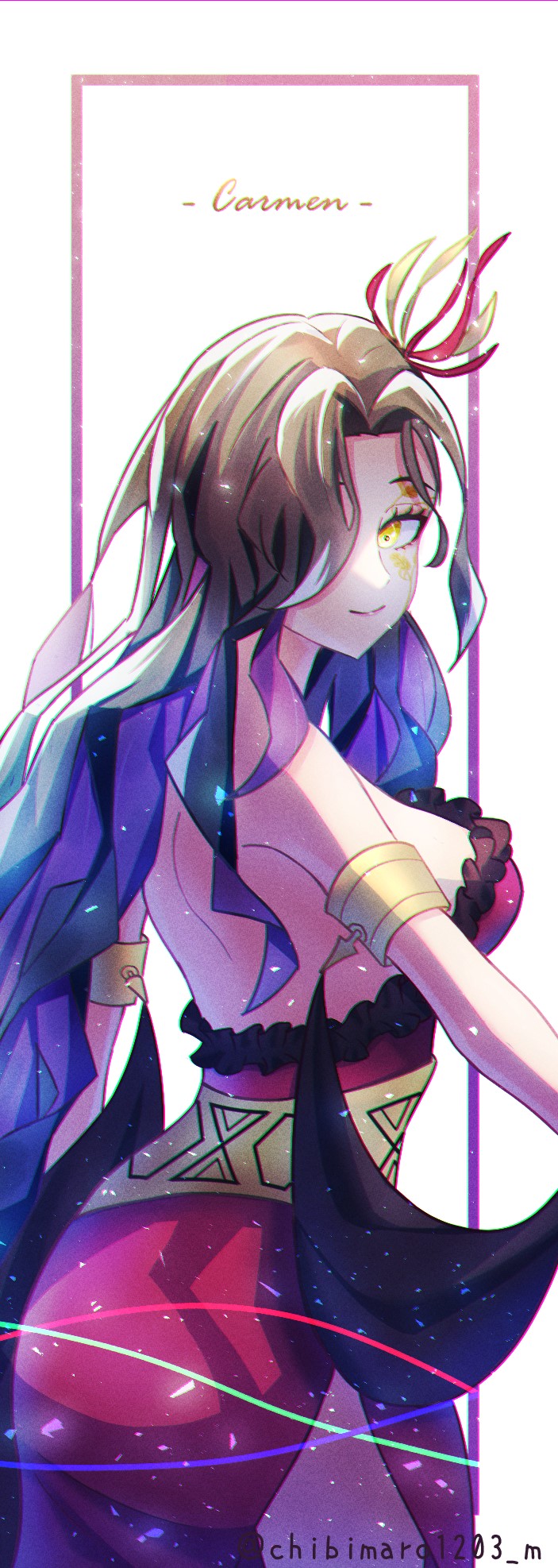 1girl, armlet, artist_name, brown_hair, carmen_(takt_op.), chibimaro1203, closed_mouth, dress, hair_ornament, highres, jewelry, long_hair, looking_at_viewer, makeup, red_dress, smile, solo, spiked_armlet, strapless, strapless_dress, takt_op., yellow_eyes