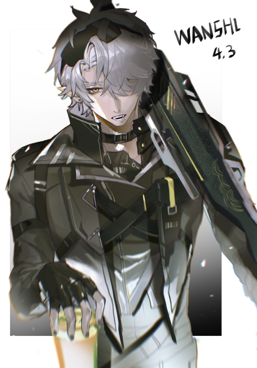 1boy, alternate_costume, armor_under_clothes, belt_collar, black_gloves, black_jacket, black_nails, black_pants